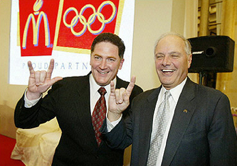 Just as many other illuminati we regularly see the CEOs of McDonald's make a 'secret' illuminati gesture in public appearances, such as here at presentations for the Olympics